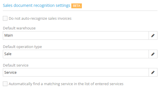 Invoice recognition settings window in the system